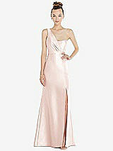 Front View Thumbnail - Blush Draped One-Shoulder Satin Trumpet Gown with Front Slit