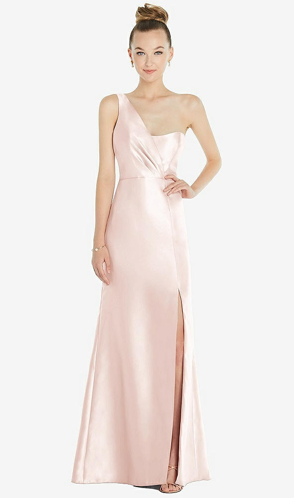 Front View - Blush Draped One-Shoulder Satin Trumpet Gown with Front Slit