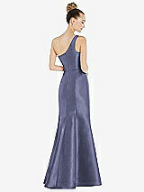 Rear View Thumbnail - French Blue Draped One-Shoulder Satin Trumpet Gown with Front Slit