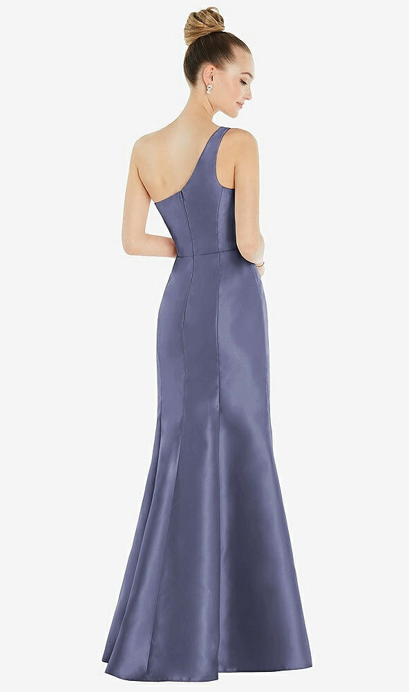 Back View - French Blue Draped One-Shoulder Satin Trumpet Gown with Front Slit