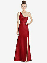 Front View Thumbnail - Garnet Draped One-Shoulder Satin Trumpet Gown with Front Slit