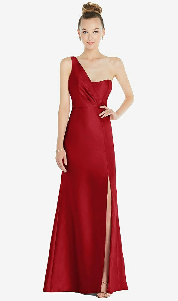 Front View - Garnet Draped One-Shoulder Satin Trumpet Gown with Front Slit