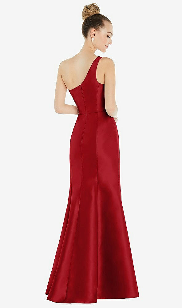 Back View - Garnet Draped One-Shoulder Satin Trumpet Gown with Front Slit