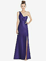Front View Thumbnail - Grape Draped One-Shoulder Satin Trumpet Gown with Front Slit