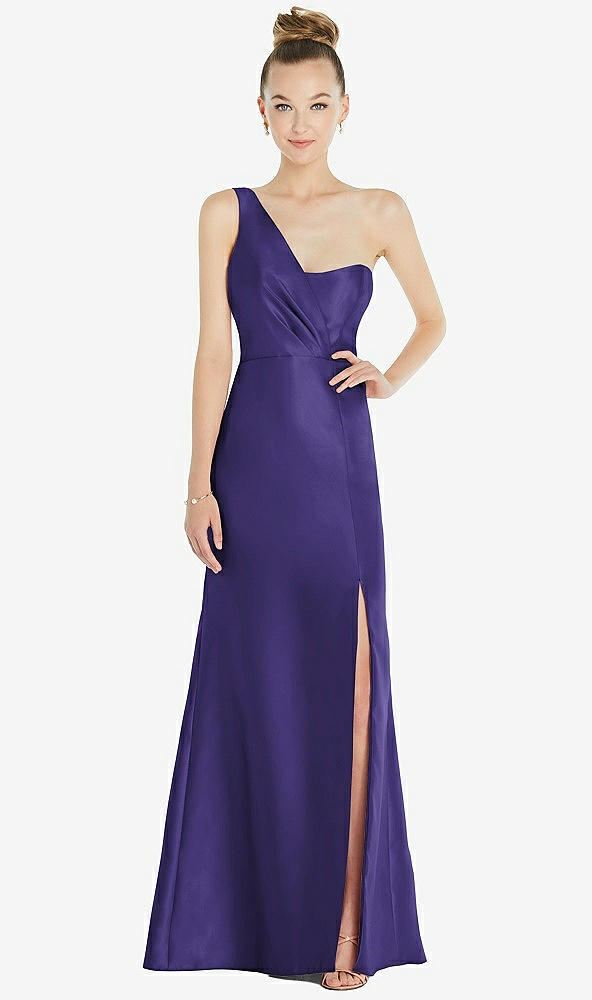 Front View - Grape Draped One-Shoulder Satin Trumpet Gown with Front Slit