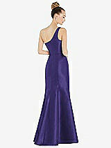 Rear View Thumbnail - Grape Draped One-Shoulder Satin Trumpet Gown with Front Slit