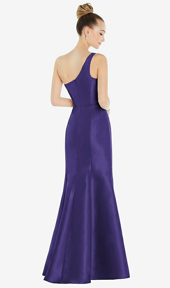 Back View - Grape Draped One-Shoulder Satin Trumpet Gown with Front Slit