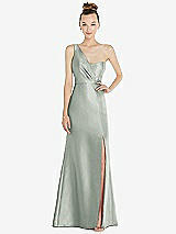 Front View Thumbnail - Willow Green Draped One-Shoulder Satin Trumpet Gown with Front Slit