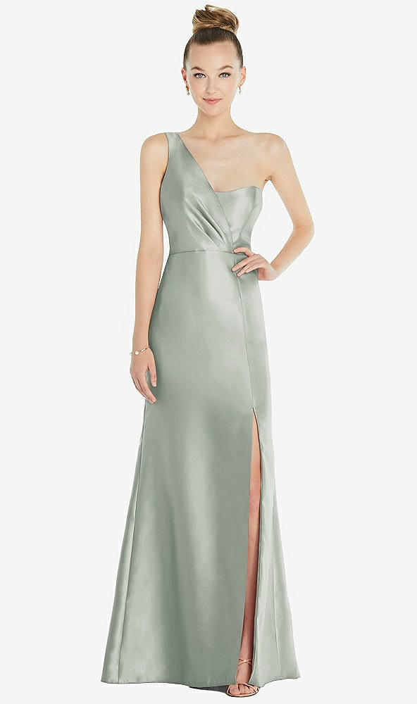 Front View - Willow Green Draped One-Shoulder Satin Trumpet Gown with Front Slit