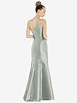 Rear View Thumbnail - Willow Green Draped One-Shoulder Satin Trumpet Gown with Front Slit