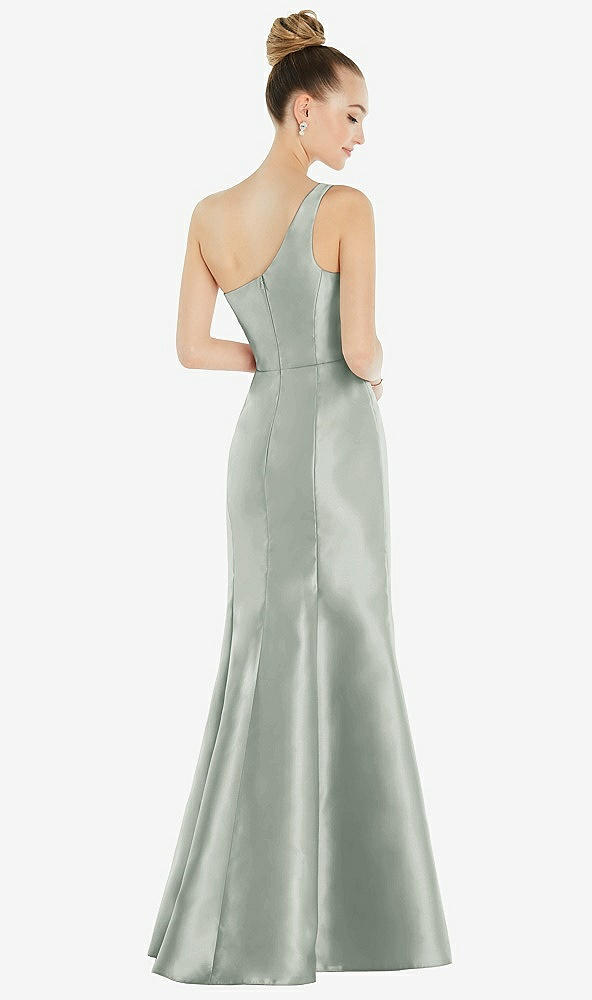 Back View - Willow Green Draped One-Shoulder Satin Trumpet Gown with Front Slit