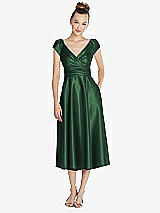 Front View Thumbnail - Hampton Green Cap Sleeve Faux Wrap Satin Midi Dress with Pockets