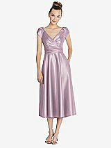 Front View Thumbnail - Suede Rose Cap Sleeve Faux Wrap Satin Midi Dress with Pockets