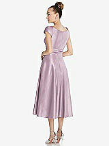 Rear View Thumbnail - Suede Rose Cap Sleeve Faux Wrap Satin Midi Dress with Pockets