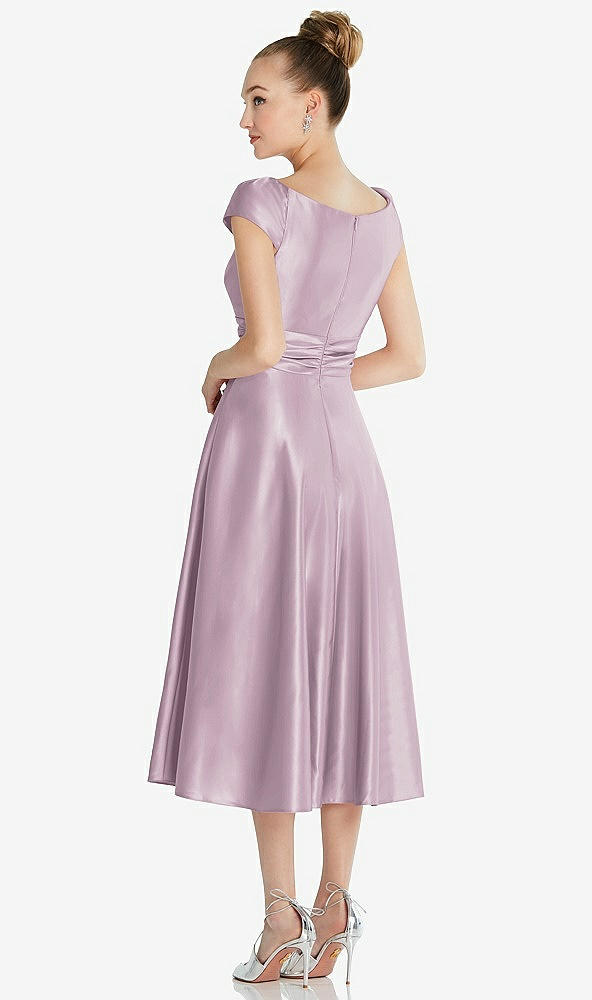 Back View - Suede Rose Cap Sleeve Faux Wrap Satin Midi Dress with Pockets