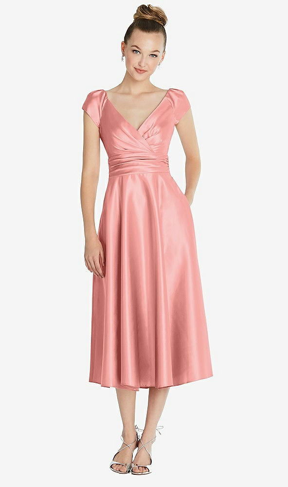 Front View - Apricot Cap Sleeve Faux Wrap Satin Midi Dress with Pockets
