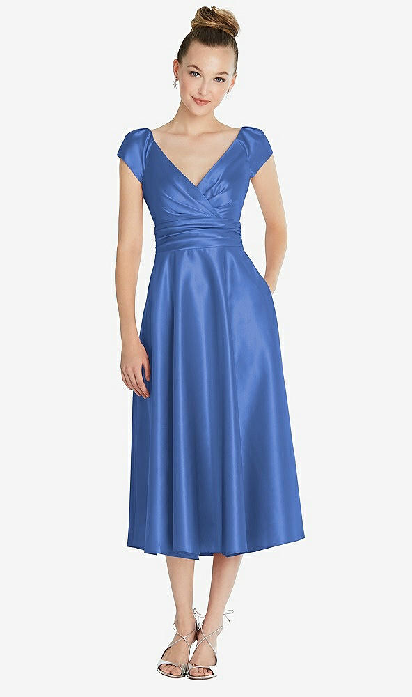Front View - Cornflower Cap Sleeve Faux Wrap Satin Midi Dress with Pockets