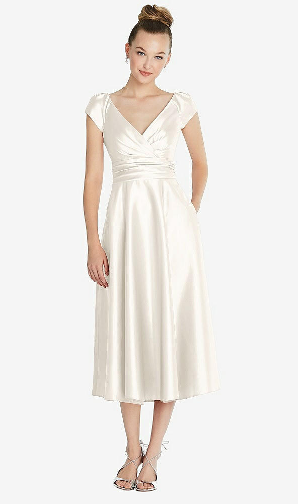 Front View - Ivory Cap Sleeve Faux Wrap Satin Midi Dress with Pockets