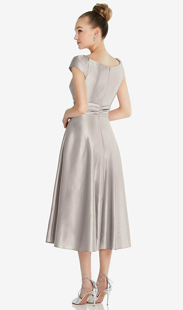 Back View - Taupe Cap Sleeve Faux Wrap Satin Midi Dress with Pockets