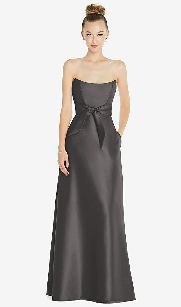 Front View - Caviar Gray Basque-Neck Strapless Satin Gown with Mini Sash