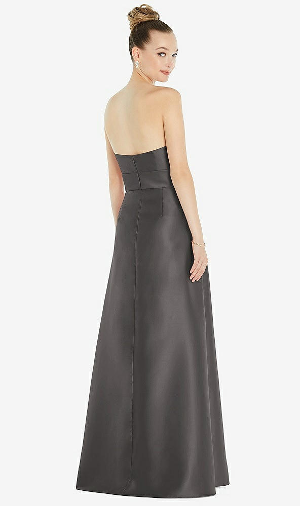 Back View - Caviar Gray Basque-Neck Strapless Satin Gown with Mini Sash