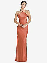 Front View Thumbnail - Terracotta Copper Diamond Halter Bias Maxi Slip Dress with Convertible Straps