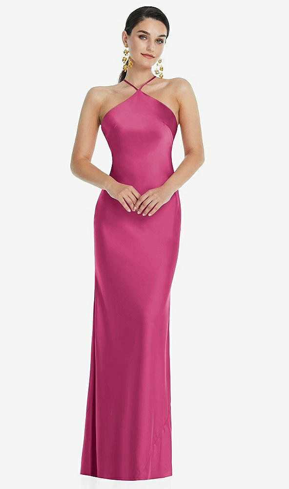 Front View - Tea Rose Diamond Halter Bias Maxi Slip Dress with Convertible Straps