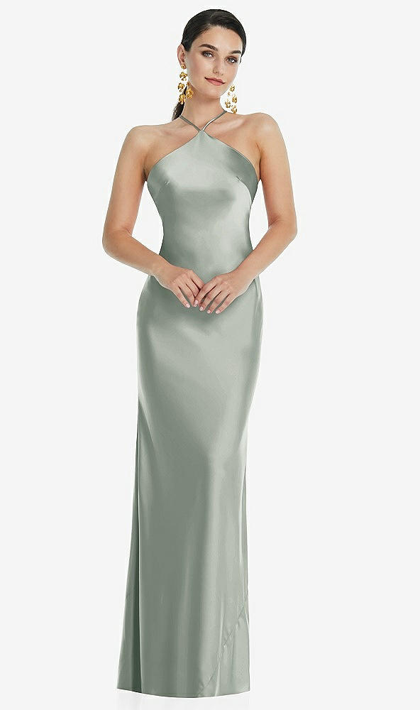 Front View - Willow Green Diamond Halter Bias Maxi Slip Dress with Convertible Straps