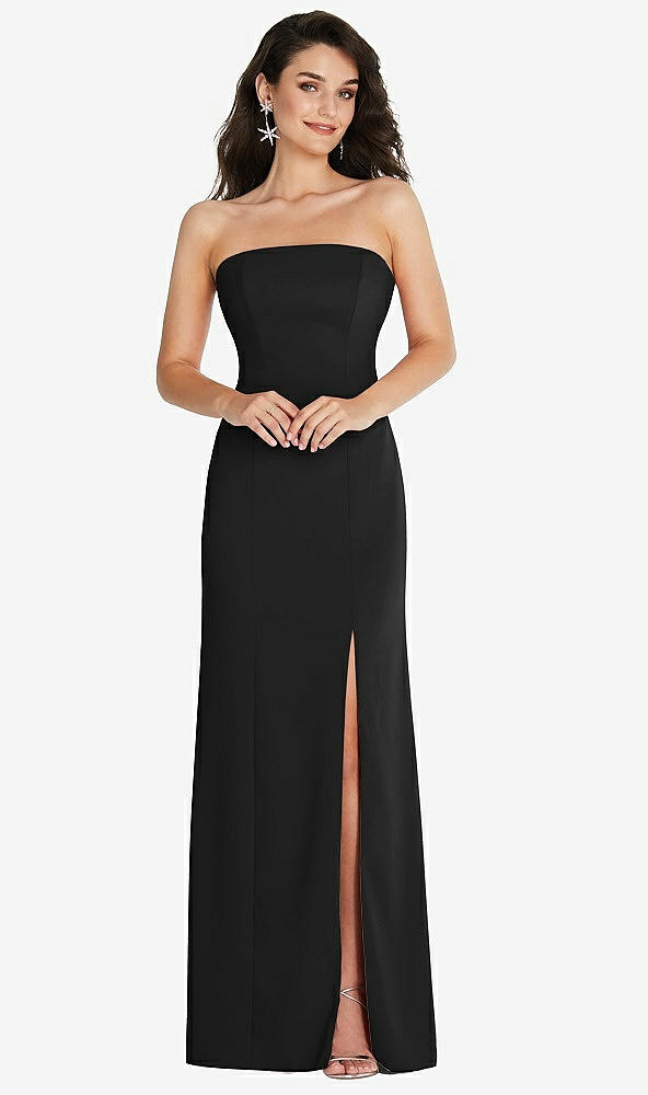 Front View - Black Strapless Scoop Back Maxi Dress with Front Slit