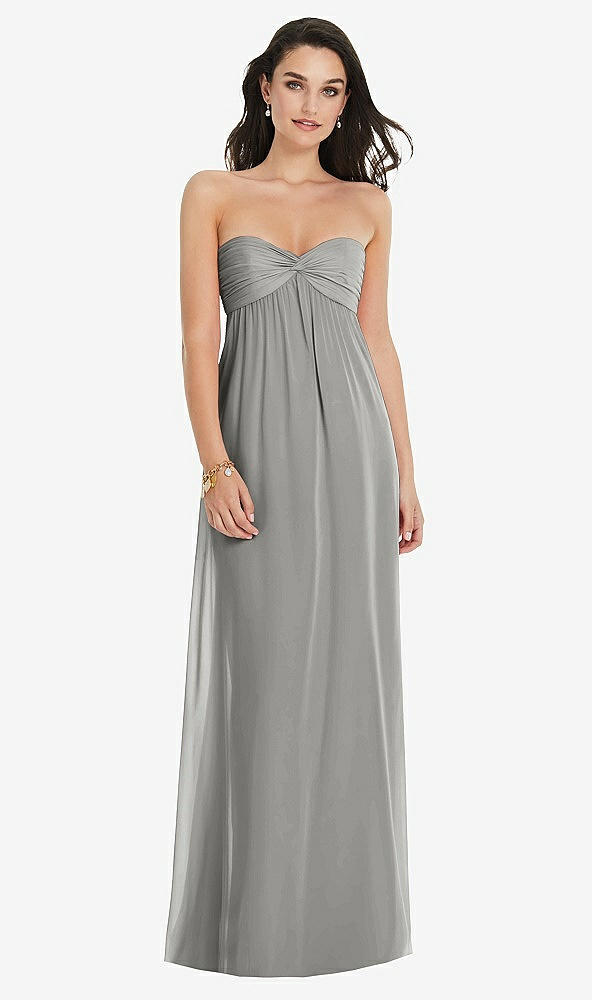 Front View - Chelsea Gray Twist Shirred Strapless Empire Waist Gown with Optional Straps