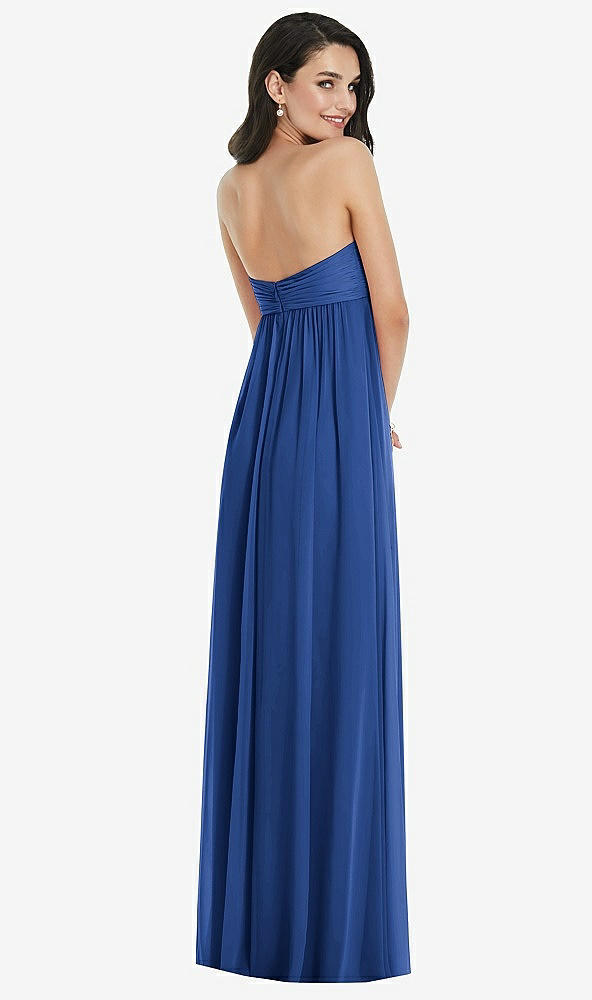 Back View - Classic Blue Twist Shirred Strapless Empire Waist Gown with Optional Straps