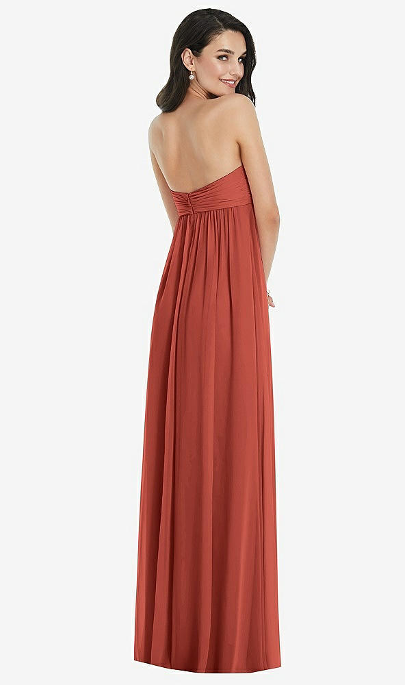 Back View - Amber Sunset Twist Shirred Strapless Empire Waist Gown with Optional Straps