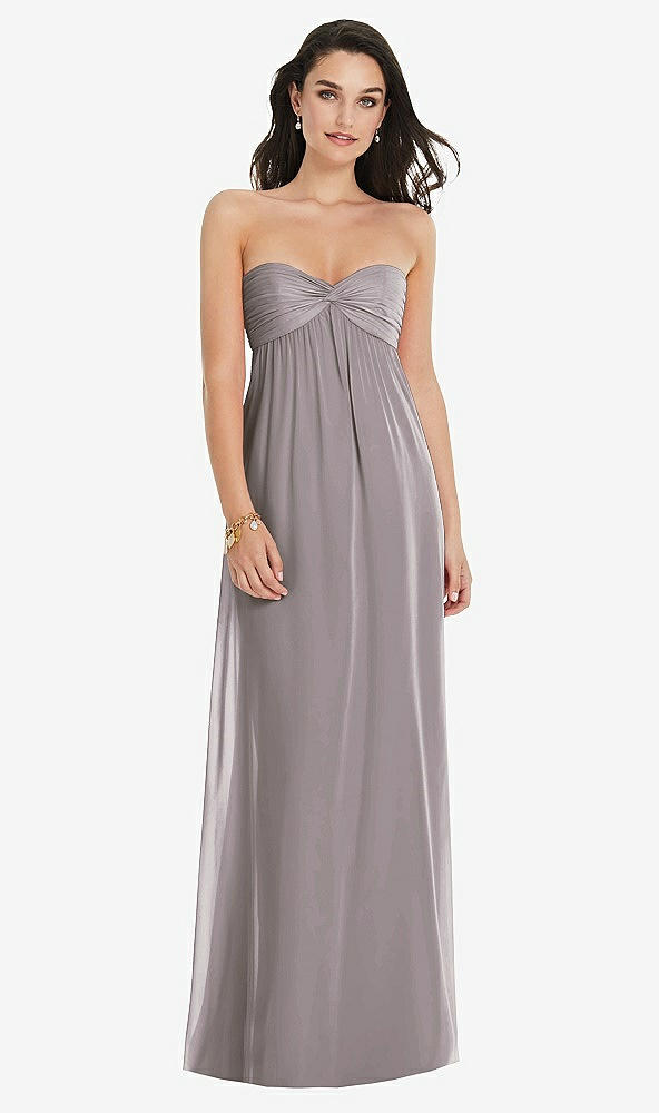 Front View - Cashmere Gray Twist Shirred Strapless Empire Waist Gown with Optional Straps