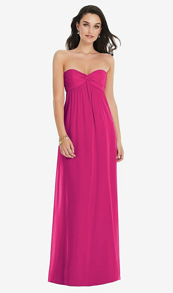 Front View - Think Pink Twist Shirred Strapless Empire Waist Gown with Optional Straps