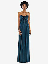 Front View Thumbnail - Atlantic Blue Draped Satin Grecian Column Gown with Convertible Straps