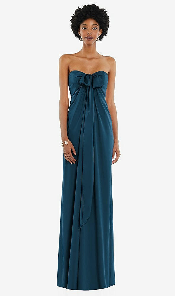 Front View - Atlantic Blue Draped Satin Grecian Column Gown with Convertible Straps