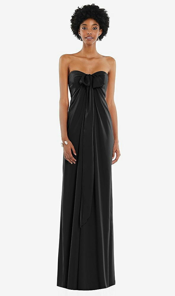 Front View - Black Draped Satin Grecian Column Gown with Convertible Straps