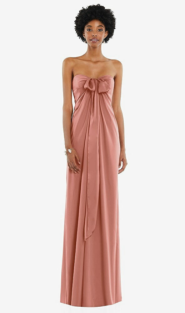 Front View - Desert Rose Draped Satin Grecian Column Gown with Convertible Straps