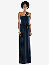 Alt View 7 Thumbnail - Midnight Navy Draped Satin Grecian Column Gown with Convertible Straps