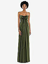 Front View Thumbnail - Olive Green Draped Satin Grecian Column Gown with Convertible Straps
