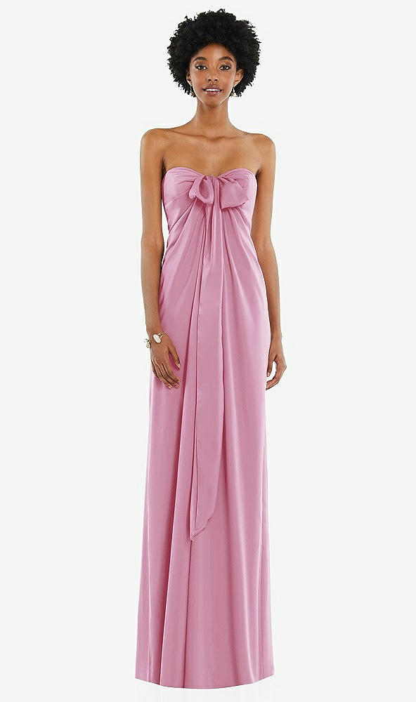 Front View - Powder Pink Draped Satin Grecian Column Gown with Convertible Straps