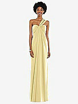 Alt View 7 Thumbnail - Pale Yellow Draped Satin Grecian Column Gown with Convertible Straps