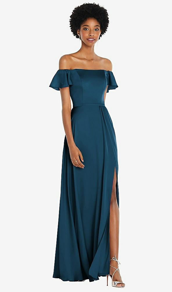 Front View - Atlantic Blue Straight-Neck Ruffled Off-the-Shoulder Satin Maxi Dress