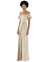 Side View Thumbnail - Champagne Straight-Neck Ruffled Off-the-Shoulder Satin Maxi Dress