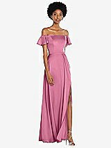 Front View Thumbnail - Orchid Pink Straight-Neck Ruffled Off-the-Shoulder Satin Maxi Dress