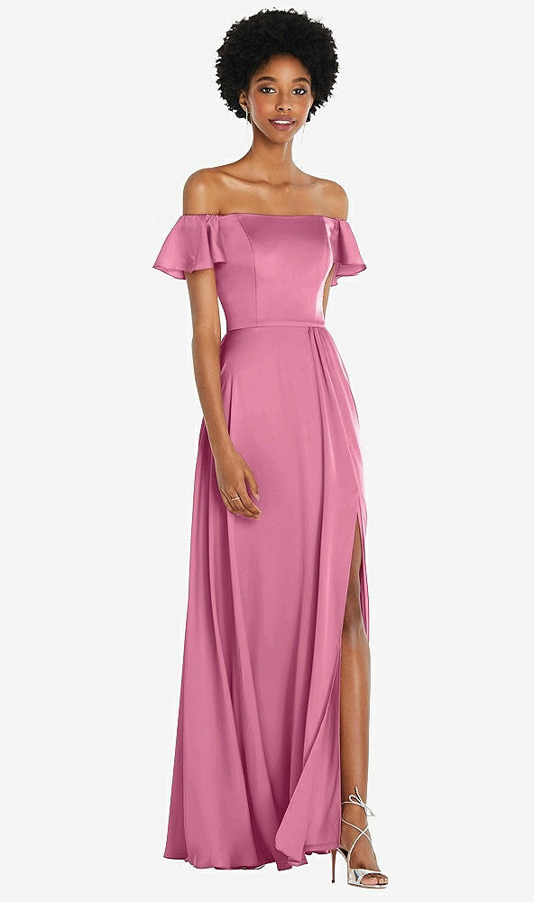 Front View - Orchid Pink Straight-Neck Ruffled Off-the-Shoulder Satin Maxi Dress