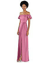 Side View Thumbnail - Orchid Pink Straight-Neck Ruffled Off-the-Shoulder Satin Maxi Dress