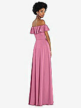 Rear View Thumbnail - Orchid Pink Straight-Neck Ruffled Off-the-Shoulder Satin Maxi Dress