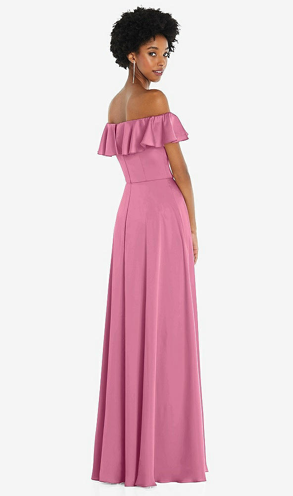 Back View - Orchid Pink Straight-Neck Ruffled Off-the-Shoulder Satin Maxi Dress
