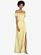 Front View Thumbnail - Pale Yellow Straight-Neck Ruffled Off-the-Shoulder Satin Maxi Dress